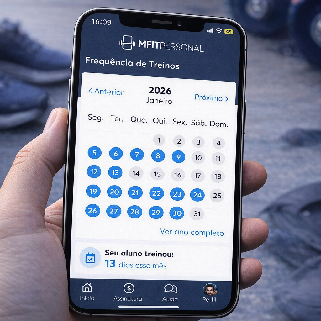 App MFIT Personal mostrando frequência de treinos com calendário de dias treinados