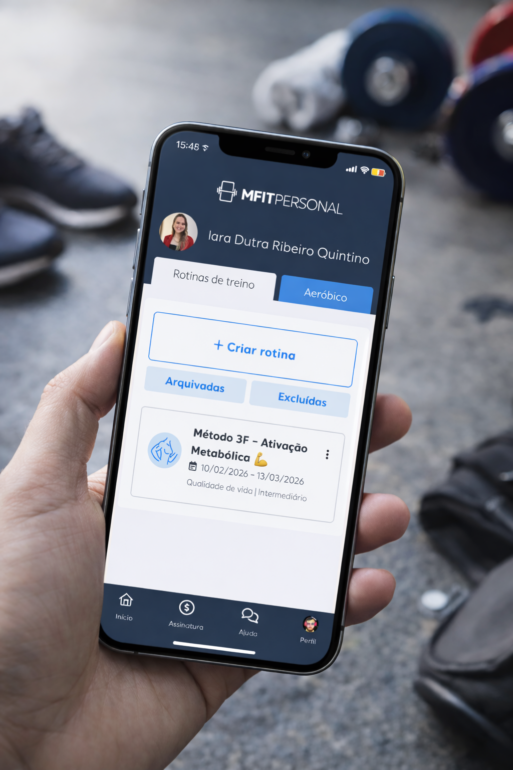 Interface do aplicativo MFIT Personal mostrando rotinas de treino e Método 3F
