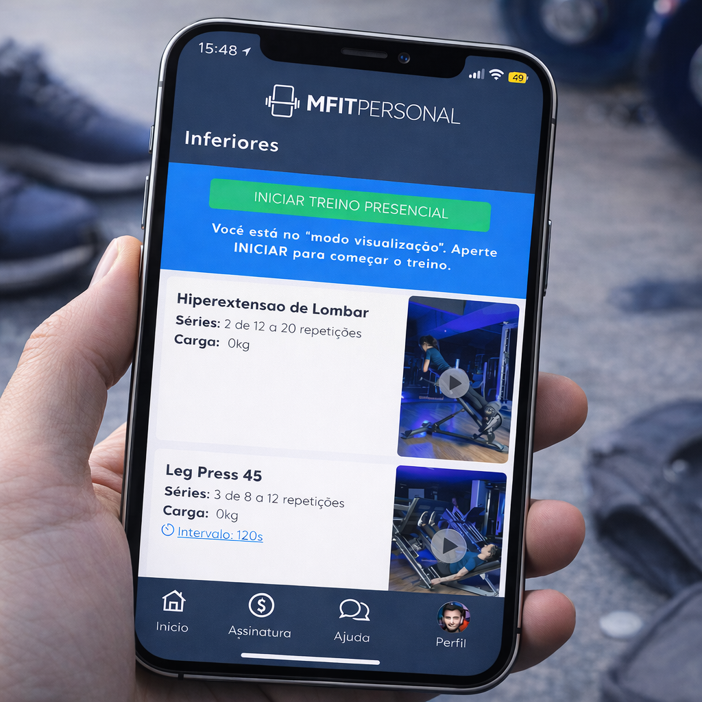 App MFIT Personal mostrando treino de inferiores com exercícios e vídeos